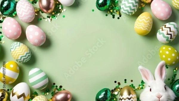 Fototapeta Easter party. Top view photo of easter bunny ears white, pink, green, yellow eggs and confetti 2