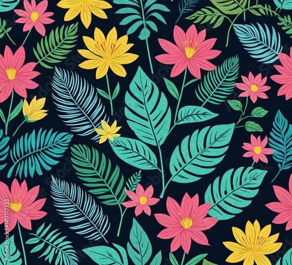 Fototapeta Bottanical pattern . Oil painting . Pattern to print for wall decorations. Spring flowers
