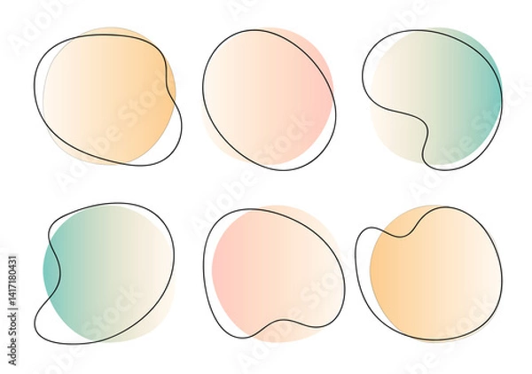 Obraz Color liquid blob shapes, pastel gradient vector organic random forms with lines, abstract fluid silhouette, simple smooth ink stain. Highlight for branding, social media, packaging, web design