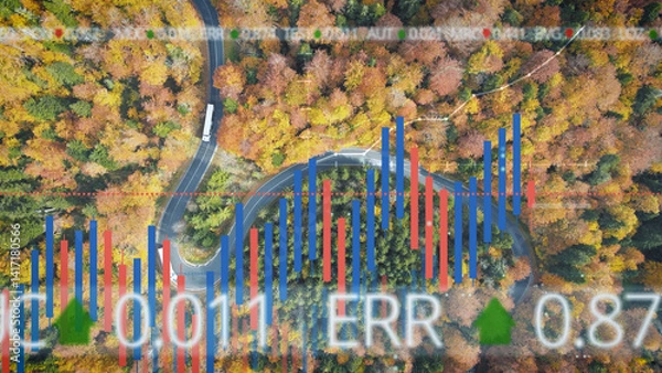 Obraz Aerial view of a transportation logistics truck delivery with a 3D graphic overlay of a chart representing market needs