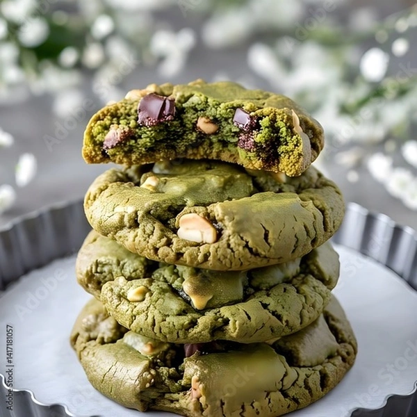 Obraz a stack of matcha cookies with a deep green hue, highlighting their rich texture with visible chunky mix-ins such as chopped nuts and chocolate chips