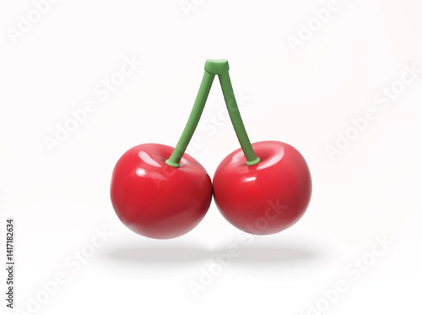 Fototapeta Cherry 3D Icon – Realistic Rendered Cherries with Stems, Isolated Vector Illustration