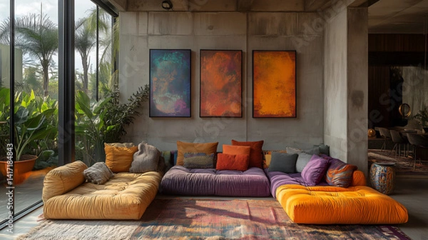 Fototapeta Modern living room with vibrant cushions and colorful wall art in a stylish urban home