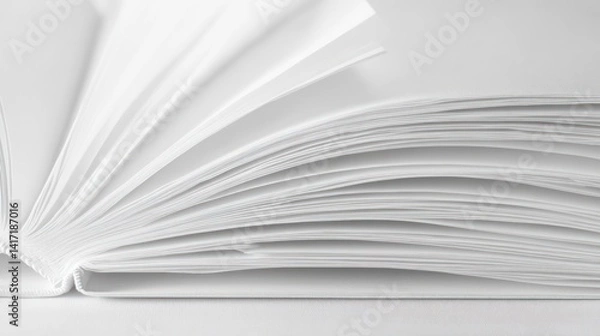 Fototapeta Close-up of an open book's pages, showing a fanned stack of blank white sheets.