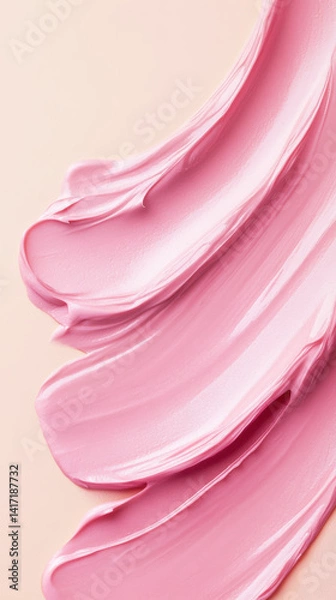 Obraz Close-up of smooth pink cosmetic cream or makeup foundation smeared on a soft beige background. Generative AI