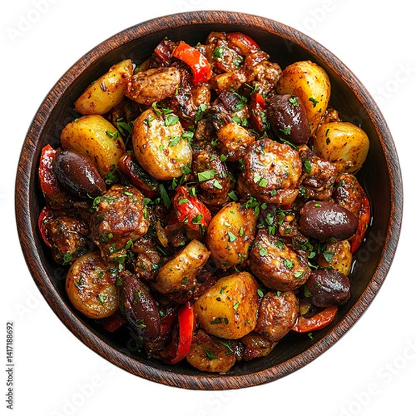 Fototapeta Extreme top view of a perfectly perfect looking tapas de pisto in a dark wooden platter isolated on a white transparent background