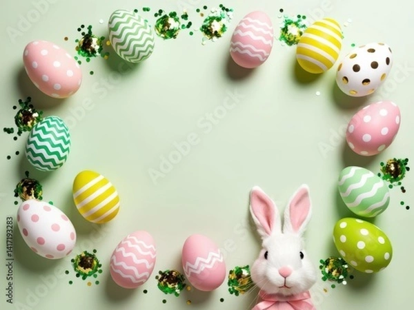 Fototapeta Easter party. Top view photo of easter bunny ears white, pink, green, yellow eggs and confetti 6