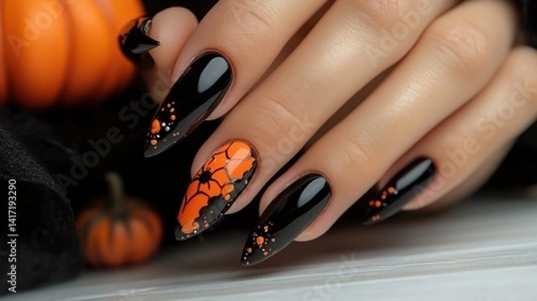 Obraz Close-up of female hand with Halloween-themed nail art black and orange spiderweb design on long, pointed nails.