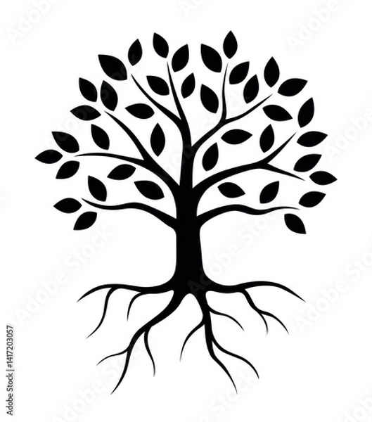 Fototapeta Vector black elegant simple tree illustration with crown and roots isolated on white background