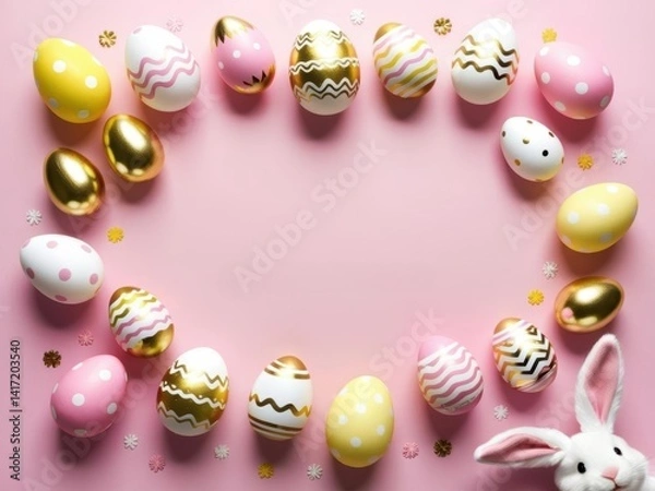 Obraz Easter party. Top view photo of easter bunny ears white pink and yellow eggs on pink background. Congratulatory easter background.