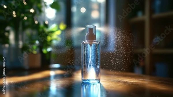 Fototapeta Disinfecting sanitizer bottle alcohol spray diffusing antibacterial sanitiser preventing spread of germs, bacterias, viruses on table. Personal hygiene, disinfection, coronavirus protection concept.