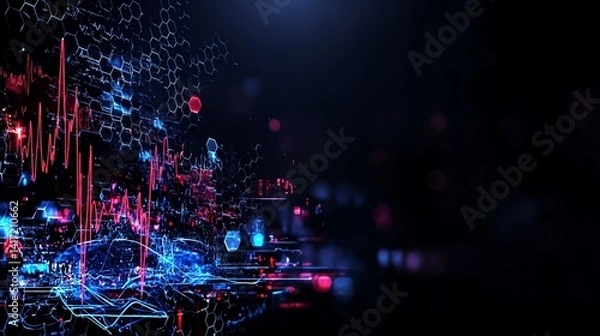 Fototapeta Visualización de datos abstracta con líneas brillantes, hexágonos y puntos rojos y azules sobre un fondo oscuro.