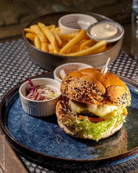 Fototapeta Delicious burger and crispy fries cozy restaurant setting food photography warm lighting close-up view culinary delight