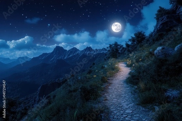 Fototapeta Moonlit trail winding through mountains on a clear night with starry sky