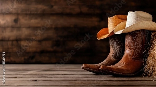 Fototapeta The image portrays an elegant display of cowboy boots with a rustic wooden backdrop, conveying a sense of western culture and tradition within a warm, inviting ambiance.