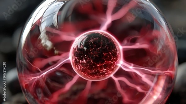 Fototapeta This stunning image features a striking red plasma sphere encapsulated in a glass orb, showcasing mesmerizing electric tendrils radiating outward, symbolizing energy and dynamism.