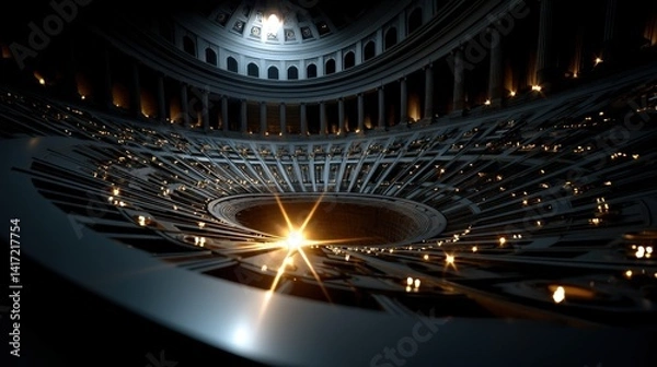 Obraz This stunning image captures dramatic circular architecture, featuring lights and rays illuminating the structure, evoking feelings of grandeur and stirring emotions through its compelling design.