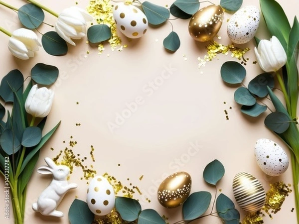 Fototapeta Easter holiday background with white and golden easter eggs and tulip flowers 2