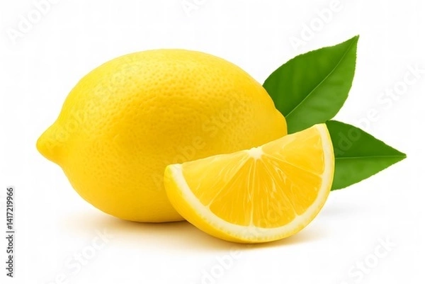 Obraz Fresh whole lemon with a lemon wedge and green leaves on white background, symbolizing citrus fruit, freshness, health, vitamin C, natural flavor, and organic produce
