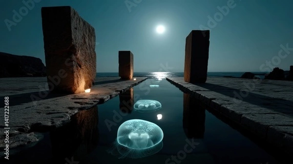 Obraz This atmospheric image showcases jellyfish gently drifting under the moonlight, with ancient stone pillars framing the serene water’s surface, adding depth and magic to the scene.