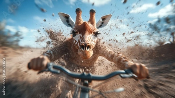 Obraz An imaginative scene depicts a giraffe energetically riding a bicycle in a dusty landscape, showcasing an unexpected mix of humor, action, and creativity in this vibrant illustration.