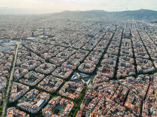 Obraz Elevated view of Barcelona's Eixample layout stretching to the hills