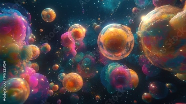 Fototapeta Vibrant, ethereal spheres float in a deep space-like environment.