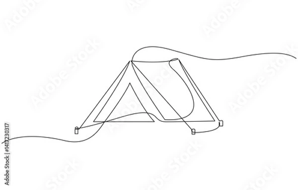 Fototapeta Camping Tent with Campfire Continuous Line Drawing, One continuous line illustration of a tent, isolated on white background.