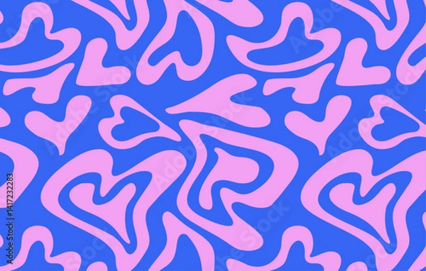 Fototapeta Psychedelic groovy trippy y2k retro seamless pattern in blue pink colors. Valentine's day holiday background texture liquid romantic heart shape. Vector illustration