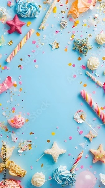 Obraz Delightful pastel-colored candy, sprinkles, and party decorations create a vibrant and festive frame on a light blue background, perfect for birthday or celebration themes.