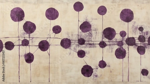 Fototapeta Abstract composition of interconnected purple circles on a beige canvas.