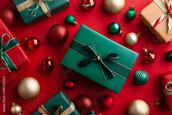 Obraz Festive gifts and ornaments are scattered on a rich, vibrant red background, perfectly arranged to capture the holiday spirit. A visual spectacle, filled with anticipation of cheer and good tidings.