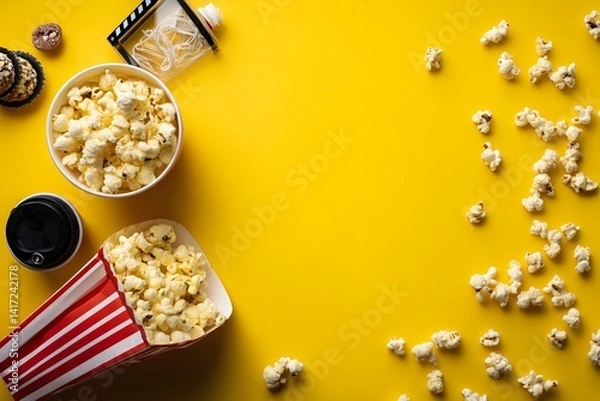 Obraz A vibrant, overhead view of classic movie treats arranged on a striking yellow backdrop. A perfect visual for film and entertainment themes.