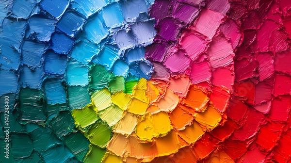 Fototapeta Rainbow Spectrum Color Palette, Thick Textured Paint Strokes. Circle, Wheel, Colour Harmony, Gradient. Happy Joyful Vibrant Abstract Art, Creativity, Imagination. Equality, Diversity, Human Rights