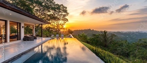 Obraz Luxurious villa overlooking a scenic landscape at sunset with infinity pool