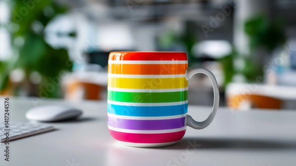Fototapeta Colorful Rainbow Stripe Mug on a Modern Office Table, Corporate Background. Equality, Diversity, Human Rights at Work, Pride Flag. Desk, Meeting, Coffee Break. Inclusive Workplace, Vibrant Design
