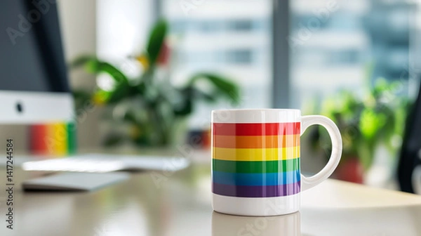 Fototapeta Colorful Rainbow Stripe Mug on a Modern Office Table, Corporate Background. Equality, Diversity, Human Rights at Work, Pride Flag. Desk, Meeting, Coffee Break. Inclusive Workplace, Vibrant Design
