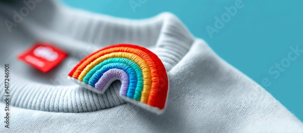 Fototapeta Small Colorful Rainbow Embroidery Brooch on a Neutral Grey Sweatshirt with Red Label. Pin, Badge, Accessory, Decoration. Kid's Clothes, Minimal Design, Quiet Activism, Creativity, Equality, Diversity
