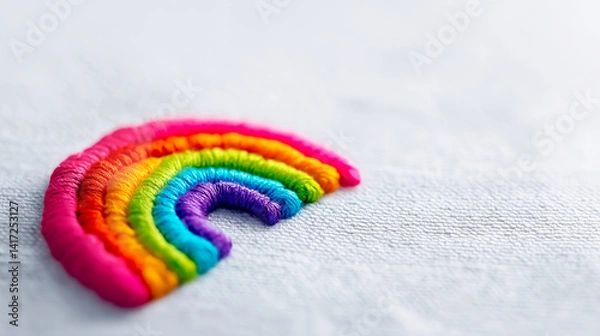 Fototapeta Simple Small Colorful Rainbow Embroidery on a Soft White Fabric. Badge, Design Element, Decoration on Clothes, Accessory, Textile. Trendy, Minimal, Modern. Solidarity, Gender Identity, Quiet Activism