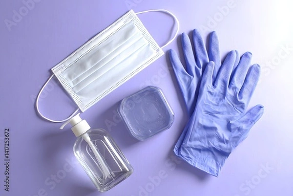 Obraz Protective Essentials: Mask, Gloves, and Sanitizer, arranged neatly. This image of medical supplies, hygiene and protection during a public health crisis.