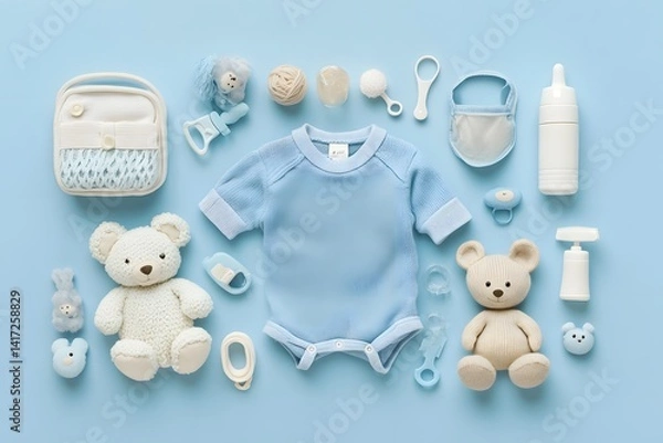 Obraz A curated collection of baby essentials, including a soft blue outfit, teddy bears, pacifiers, and other accessories for a new born baby, meticulously arranged on a serene light blue surface.