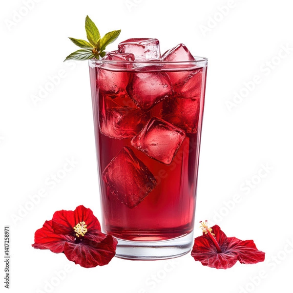 Fototapeta Refreshing Hibiscus Tea Drink with Ice and Garnish Isolated on Transparent Background 