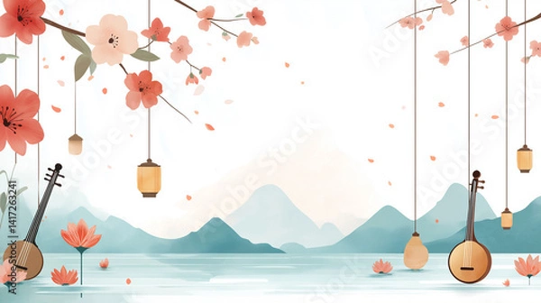 Obraz Serene Asian Landscape with Musical Instruments.