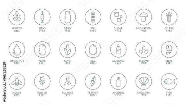 Fototapeta Allergen free food icon set. Gluten, dairy, soy, nut, and sugar free symbols. Clean line style for labels or packaging. Non gmo. Ecology badges. Vector illustration