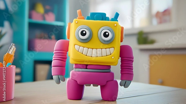 Fototapeta Playful Robot Character Made From Colorful Plasticine On a Wooden Surface