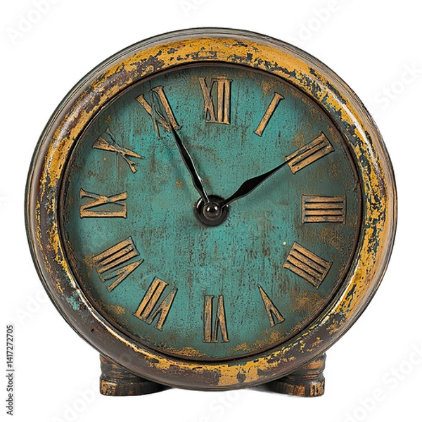 Fototapeta A weathered, teal-painted round clock with Roman numerals, perfect for a rustic or vintage home decor style.