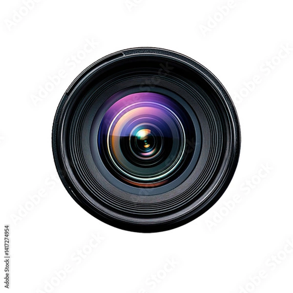 Fototapeta A detailed close-up of a modern camera lens, showcasing its intricate internal elements and black exterior.