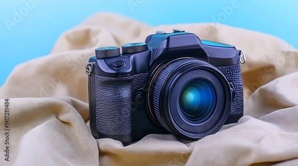 Fototapeta Camera, black, shiny, resting on soft beige fabric against a blue background