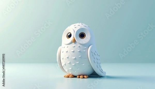 Obraz Cute cartoon white owl standing on soft blue background