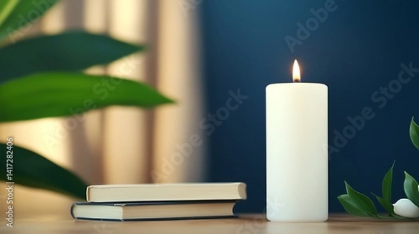 Fototapeta Candlelit table with books and greenery; a peaceful, serene moment